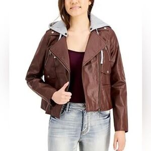 Faux-Leather Hoodie Moto Jacket, Sz Large, Extra Large Run Small